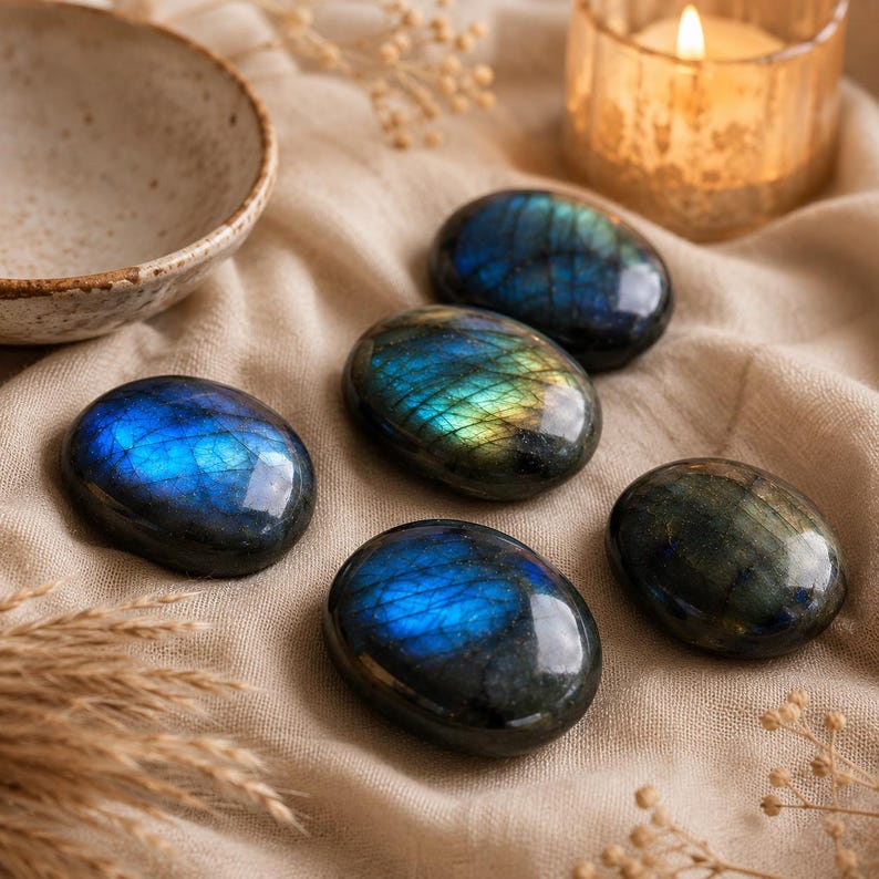 May include: Five polished, oval-shaped labradorite stones featuring dark grey surfaces with iridescent flashes of blue and gold light. The stones are arranged on a textured, light-colored fabric surface near a ceramic bowl and a lit candle.