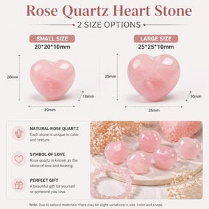 May include: Rose quartz heart stones in two sizes: 20mm and 25mm. The pink stones are displayed with a bracelet and other heart-shaped stones. The text reads "Rose Quartz Heart Stone" and "Natural Rose Quartz, Symbol of Love, Perfect Gift."