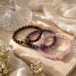 Pulsera de corazón con piedras preciosas naturales, pulsera de cuentas de cuarzo rosa, amatista y ojo de tigre, pulsera de cristal curativo, pulsera de amor, regalo para ella.