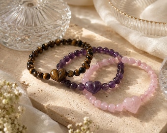 Natural Gemstone Heart Bracelet, Rose Quartz Amethyst Tiger Eye Beaded Bracelet, Healing Crystal Bracelet, Love Bracelet Gift for Her