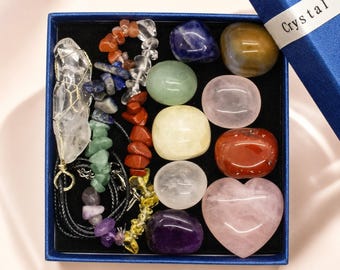Crystal Gift Set with Chakra Bracelet & Quartz Necklace | Healing Stones Kit | Spiritual Gift Box for Women