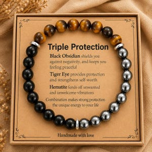 Triple Protection Bracelet, Black Obsidian Tiger Eye Hematite Beaded Bracelet, Protection Crystal Jewelry Gift