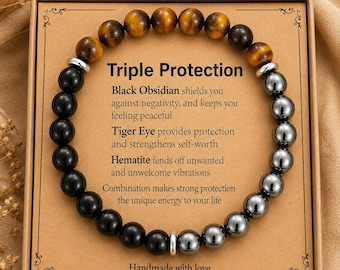 Triple Protection Bracelet, Black Obsidian Tiger Eye Hematite Beaded Bracelet, Protection Crystal Jewelry Gift