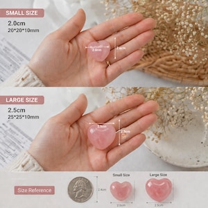May include: Two heart-shaped rose quartz stones, one 2.0 cm and the other 2.5 cm, are displayed. The image includes size references and measurements in centimeters. The stones are a soft pink color.