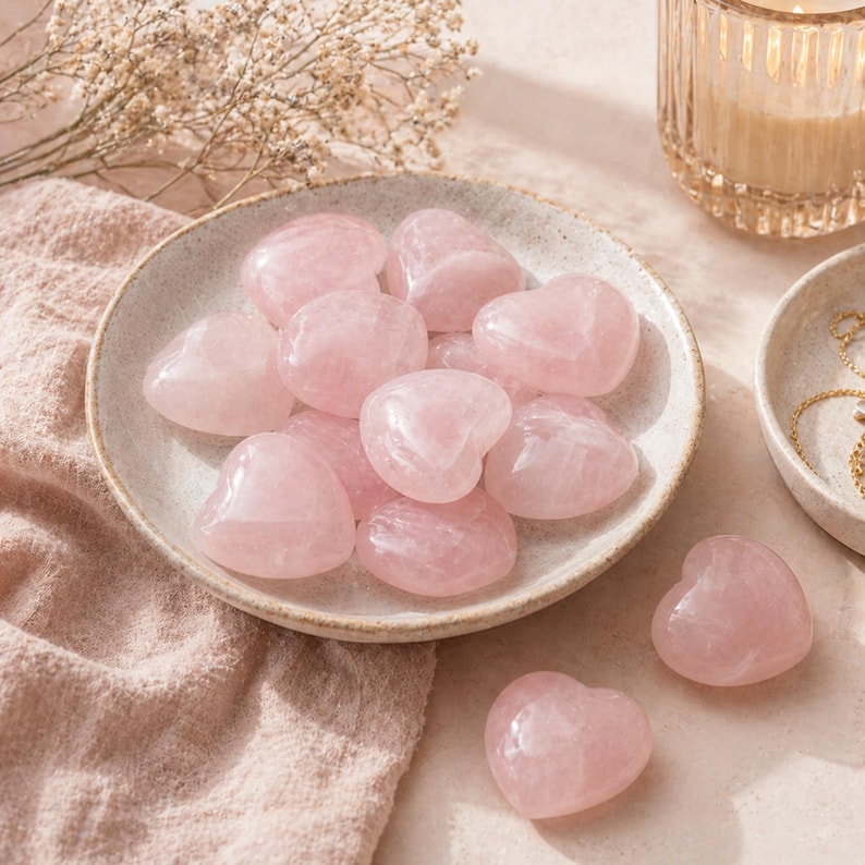 May include: A collection of polished rose quartz heart-shaped stones in a small, off-white bowl. The pink stones are smooth and vary slightly in size. A lit candle in a glass holder and a small dish with a gold necklace are in the background.