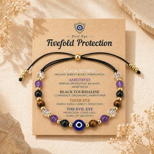 Evil Eye Protection Bracelet | 5 Crystal Healing Bracelet | Amethyst Quartz Tiger Eye Jewelry Gift, Adjustable Spiritual Guardian Jewelry