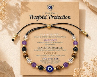 Evil Eye Protection Bracelet | 5 Crystal Healing Bracelet | Amethyst Quartz Tiger Eye Jewelry Gift, Adjustable Spiritual Guardian Jewelry