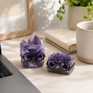 May include: Two raw amethyst crystal clusters, one tall and one flat, each adorned with a pair of small black circular wire-rimmed glasses. The deep purple crystalline structures feature jagged, multifaceted surfaces and natural pointed terminations.
