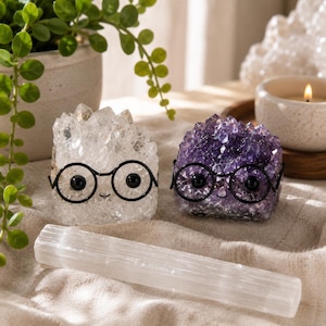 May include: Two crystal clusters, one clear and one purple, each featuring black wire-rimmed glasses and small black eyes. A long, rectangular white selenite wand lies horizontally in front of the two crystal figures on a textured fabric.