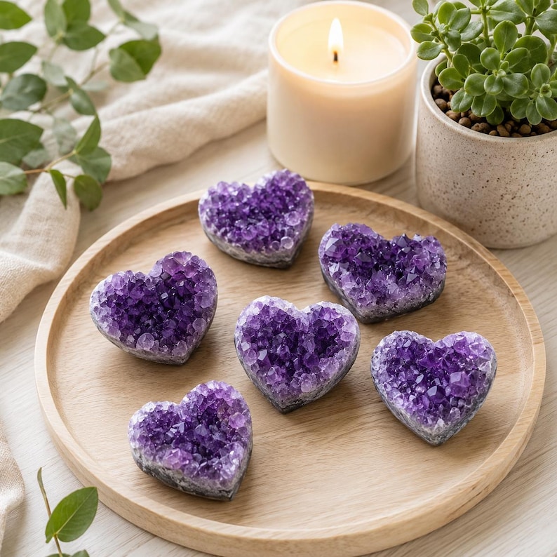 Ametist Hjärta Kristallkluster, Naturligt Lila Druzy Geod Hjärta, Läkande Kristalldekor, Reiki Sten, Andlig Gåva till Henne, Kristallsamling bild 4