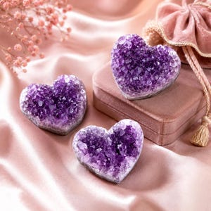 Ametist Hjärta Kristallkluster, Naturligt Lila Druzy Geod Hjärta, Läkande Kristalldekor, Reiki Sten, Andlig Gåva till Henne, Kristallsamling bild 6
