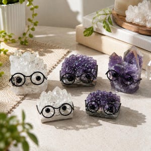 Cute Crystal Cluster with Glasses, Mini Stone Figurine, White Quartz or Amethyst Desk Decor, Natural Stone Figurine, Unique Crystal Gift