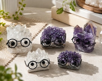 Cute Crystal Cluster with Glasses, Mini Stone Figurine, White Quartz or Amethyst Desk Decor, Natural Stone Figurine, Unique Crystal Gift
