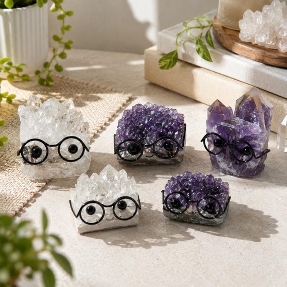 Cute Crystal Cluster with Glasses, Mini Stone Figurine, White Quartz or Amethyst Desk Decor, Natural Stone Figurine, Unique Crystal Gift