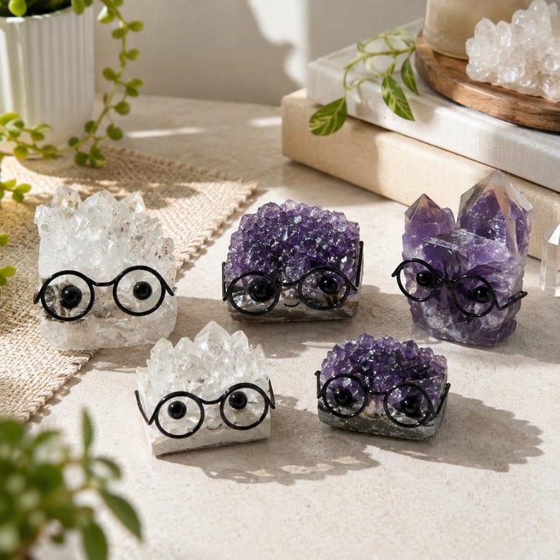 May include: Five raw crystal clusters, including clear quartz and amethyst, each adorned with small black wire-rimmed glasses. The clusters vary in size and shape, featuring jagged, crystalline surfaces and deep purple or translucent white hues.