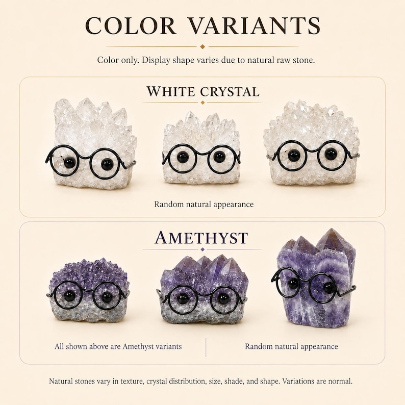 May include: A collection of raw white crystal and purple amethyst stone clusters, each adorned with a pair of black wire-rimmed glasses. The image includes text labels for color variants, noting that natural stone shapes and appearances vary.