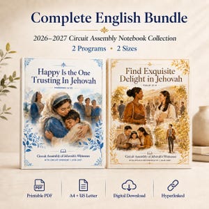 May include: A complete English bundle of two 2026-2027 Circuit Assembly notebooks. The left cover features blue floral accents and the text Happy Is the One Trusting In Jehovah. The right cover features gold floral accents and Find Exquisite Delight in Jehovah.