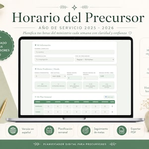 Puede incluir: Un planificador digital para 2025-2026, diseñado para el ministerio. La pantalla muestra un horario semanal con campos para ingresar datos. El diseño incluye un cuaderno, un bolígrafo y elementos decorativos. El texto incluye "Diseñado para Precursores" y "Planifica tus horas".