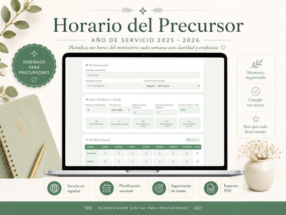 Planificador JW Precursores 2025-2026, Control de Horas, Agenda de Predicación y Metas
