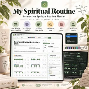 Könnte beinhalten: Ein digitaler, interaktiver Planer für spirituelle Routinen auf einem Tablet- und Laptop-Bildschirm. Die Benutzeroberfläche bietet Bereiche für tägliche, wöchentliche und monatliche Nachverfolgung, 16 Sprachen, 7 Farbthemen sowie Hell- und Dunkelmodus.