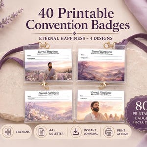 Op de afbeelding: Vier doorzichtige plastic badgehouders met paarse koorden, elk met een kaart met de tekst Eternal Happiness 2024 Convention of Jehovah's Witnesses. De kaarten bevatten illustraties van een man in gewaden en landschappen.