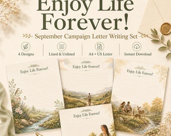 Może przedstawiać: Zestaw papeterii na kampanię wrześniową z czterema wzorami i napisem Enjoy Life Forever. Zestaw zawiera opcje w linie i bez linii w formatach A4 oraz US Letter. Ilustracje przedstawiają sceny przyrodnicze ze strumieniem, idącą osobą, rodziną oraz osobą trzymającą kosz z produktami.