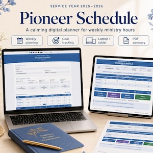 May include: A digital Pioneer Schedule planner for the 2025-2026 service year displayed on a laptop and tablet. The interface features blue and white layouts for weekly planning, goal tracking, and PDF summaries, alongside a physical blue notebook.