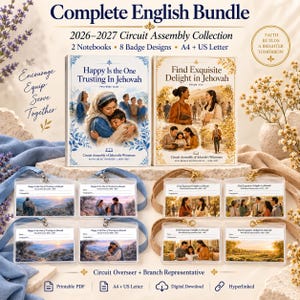 May include: A 2026-2027 Circuit Assembly collection bundle featuring two notebooks titled Happy Is the One Trusting In Jehovah and Find Exquisite Delight in Jehovah, plus eight badge designs in A4 and US Letter sizes for digital download.