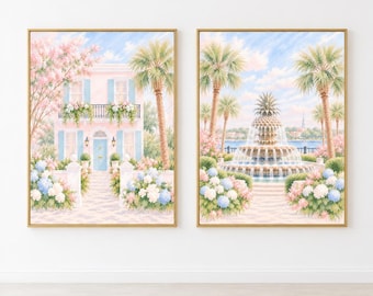 Charleston Coastal Prints, Pastel Pink House & Pineapple Fountain Wall Art Set