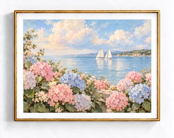 Nantucket Hydrangea Coastal Sailboat Painting Dorm Nursery Wall Art