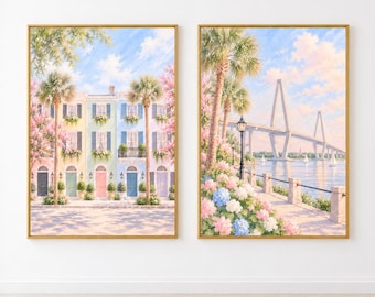 Charleston Wall Art Set, Pastel Waterfront Watercolor Prints, Southern Coastal Decor)