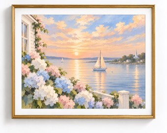 Nantucket Harbour Hydrangea Coastal Pastel Painting Nursery Dorm Wall Art