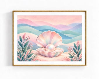 Pastel Seashell Landscape Painting: Nursery Dorm Wall Decor Printable