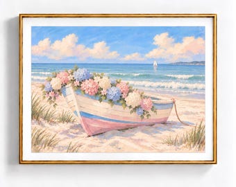 Coastal Hydrangea Boat Painting Print Pastel Beach Wall Art