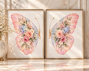 Floral Butterfly Wings Watercolor Print Set, Dorm Wall Decor (Digital Download)