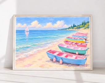 Nantucket Beach Wall Art, Pastel Boat Watercolor Print, Coastal Cottage Decor