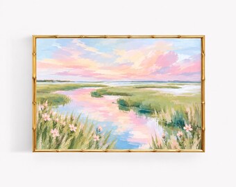 Pastel Marsh Watercolor Print, Lowcountry Oil Painting, New England Marsh, Preppy Coastal Art