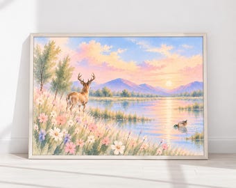 Pastel Deer Duck Landscape Print, Watercolor Cottagecore Wall Art (Digital Download)