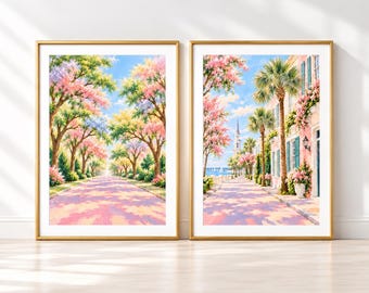 Charleston Coastal Wall Art Set of 2, Pastel Pink Street & Blossom Tree Prints
