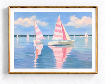 Pink Sailboats Nantucket Coastal Pastel Seascape Wall Art Print