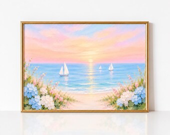 Pink Hydrangea Beach Sunset Print, Coastal Nursery Art (Digital Download)