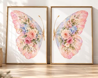 Floral Butterfly Wings Watercolor Print Set, Dorm Wall Decor (Digital Download)