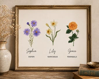 Custom Sisters Friends Birth Flower Print: Personalized Nursery Dorm Decor (Digital Download)
