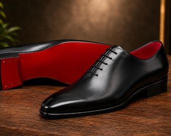 Christian Louboutin Men's Black Oxford Dress Shoes | Handmade Leather Formal Shoes | Classic Lace Up Wedding Shoes | Elegant Men's Shoes