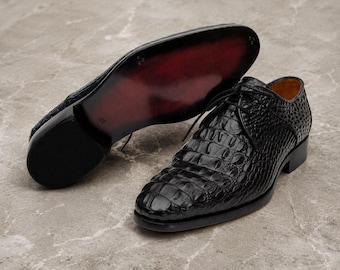 Handmade Black Croc Embossed Leather Dress Shoes | Men's Luxury Derby Shoes