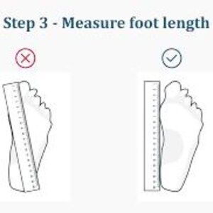 May include: Image showing how to measure foot length for shoe sizing. The text reads "Step 3 - Measure foot length." Two illustrations demonstrate the correct and incorrect methods using a ruler. The correct method shows the ruler aligned with the foot's longest point.