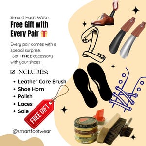 K&ouml;nnte beinhalten: Werbung f&uuml;r Smart Foot Wear, die ein kostenloses Geschenk zu jedem Paar Schuhe anbietet. Das Bild enth&auml;lt Schuhpflegezubeh&ouml;r wie eine Lederb&uuml;rste, einen Schuhanzieher, Schuhcreme, Schn&uuml;rsenkel und Sohlen. Der Text lautet "Gratisgeschenk" auf einem roten Etikett.