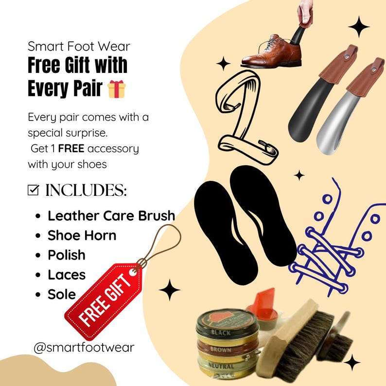 K&ouml;nnte beinhalten: Werbung f&uuml;r Smart Foot Wear, die ein kostenloses Geschenk zu jedem Paar Schuhe anbietet. Das Bild enth&auml;lt Schuhpflegezubeh&ouml;r wie eine Lederb&uuml;rste, einen Schuhanzieher, Schuhcreme, Schn&uuml;rsenkel und Sohlen. Der Text lautet "Gratisgeschenk" auf einem roten Etikett.