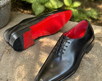 Handmade Black Leather Oxford Shoes for Men – Luxury Dress Shoes with Red Sole