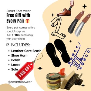 May include: An advertisement for Smart Foot Wear, offering a free gift with every pair of shoes. The image includes shoe care accessories such as a leather care brush, shoe horn, polish, laces, and sole. The text reads "Free Gift" on a red tag.